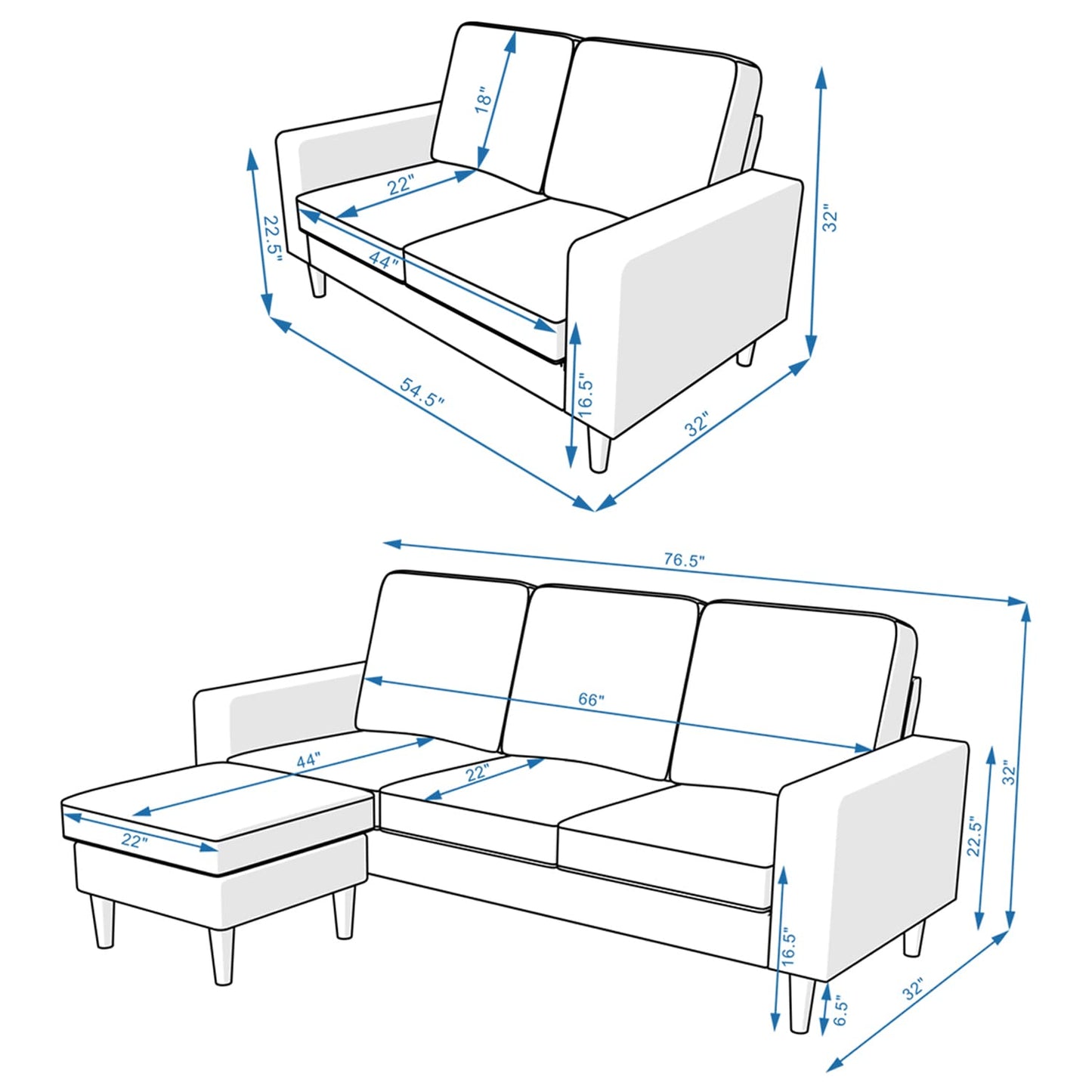 Panana 3 Piece Small Sofa Set, Sectional Sofa Loveseat with Ottoman for Small Space Living Room Apartment (Grey) - WoodArtSupply