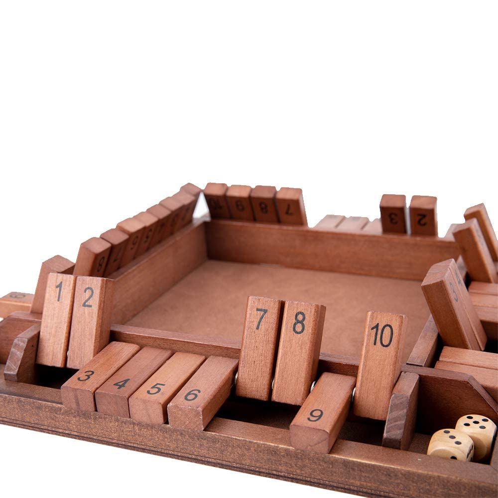 Shut The Box Game Wooden 4 Player, Classic Board Game for Kids & Adults, Educational Math Learning Toy, Table Dice Game for The Party Family or Bar - 12 Inch with 8 Dice WOOD CITY