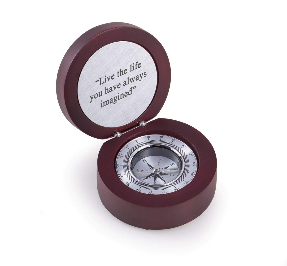Custom Personalized Compass in Rosewood Finished, Hinged Box with Aluminum Plate and Accents. Bey-Berk