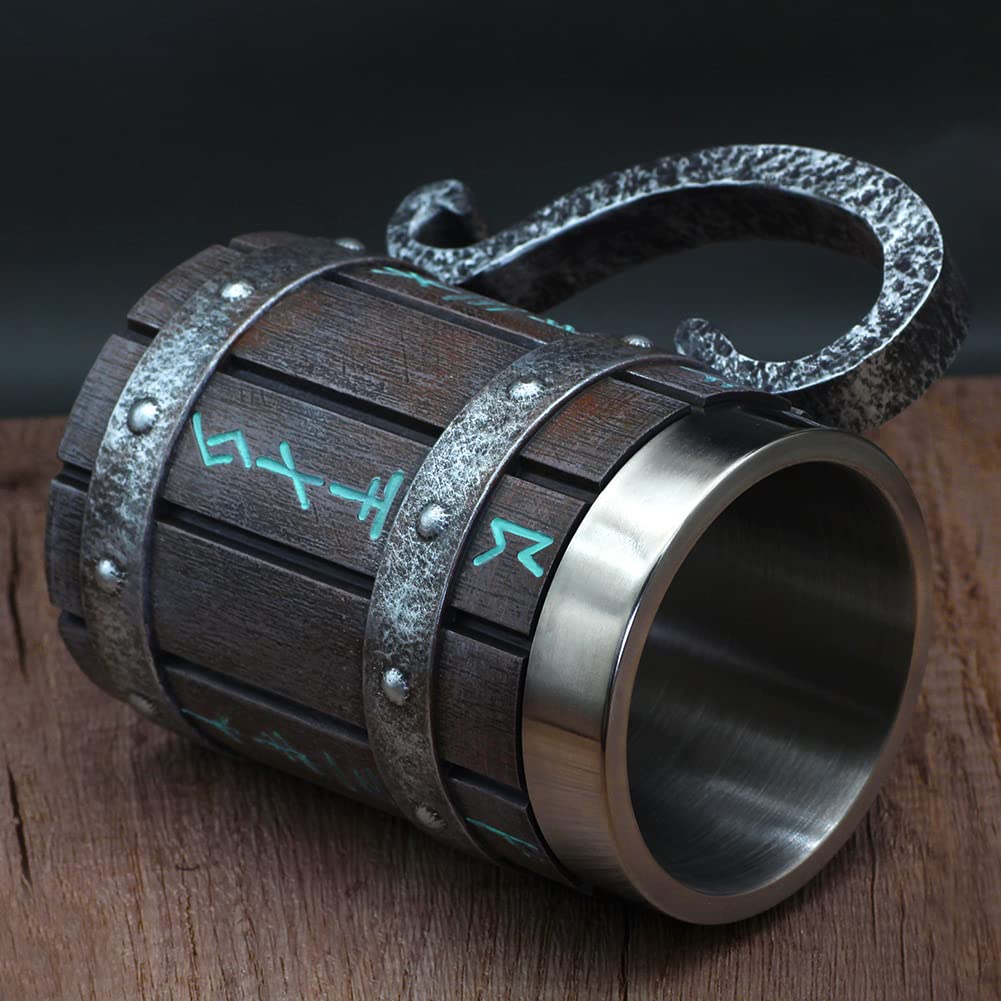 nordic viking rune mug Beer tankard Cup for men viking gift norse decor stainless steel wooden viking coffee cool mug viking gift for men beer cup stein - WoodArtSupply