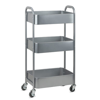 3-Tier Kitchen Cart Multifunctional Rolling Utility Cart with Lockable Wheels，Storage Craft Art Cart Trolley Organizer Serving Cart Easy Assembly for Office, Bathroom, Kitchen, Classroom（silvery-grey）
