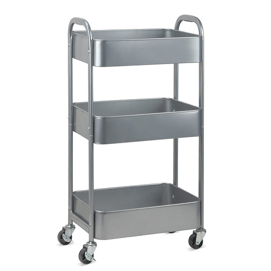 3-Tier Kitchen Cart Multifunctional Rolling Utility Cart with Lockable Wheels，Storage Craft Art Cart Trolley Organizer Serving Cart Easy Assembly for Office, Bathroom, Kitchen, Classroom（silv - WoodArtSupply