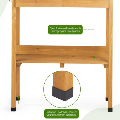 36.4" H Outdoor Potting Bench with Storage, Wooden Workstation Garden Potting Table with Metal Tabletop, 2 Drawers, Shelf and 3 Hooks, All-Weather Work Station for Garden, Patio & Lawns (Wood Color) BIVVI