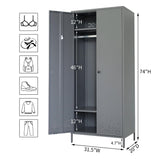 YEEZER Metal Armoire Wardrobe Closet Cabinet for Hanging Clothes with Lock Doors, -74" Steel Lockable Wardrobe Storage Locker Clothes Organizer for Bedroom, Laundry Room (Dark Gray) YEEZER