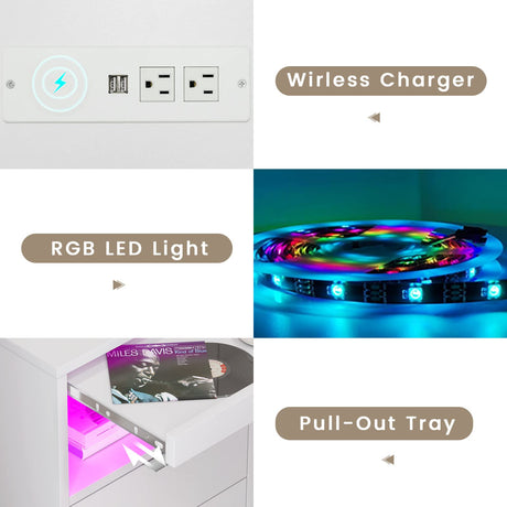 ADORNEVE LED Nightstands Set of 2, Night stand with Wireless Charging Station and LED Lights, White Nightstand with Pull-Out Shelf & Drawers, Modern Bedside Table End Side Table for Bedrooms ADORNEVE