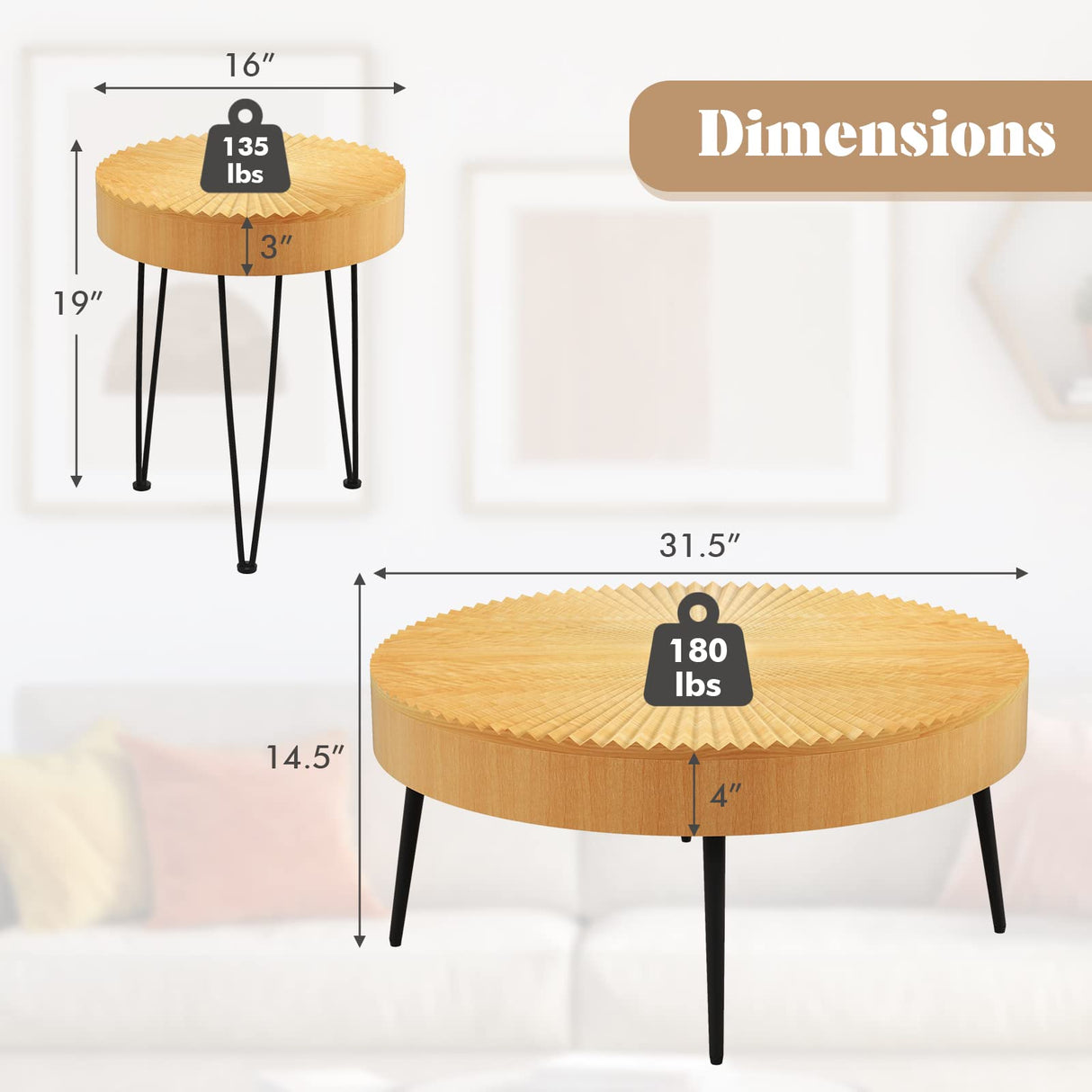 Giantex Boho Round Coffee Table Set of 2, Sofa Side Nesting Table with Solid Pine Wood Top, Metal Legs & Adjustable Foot Pads, 31.5" D Large Table Set for Living Room (Radial Pattern, Natural) Giantex