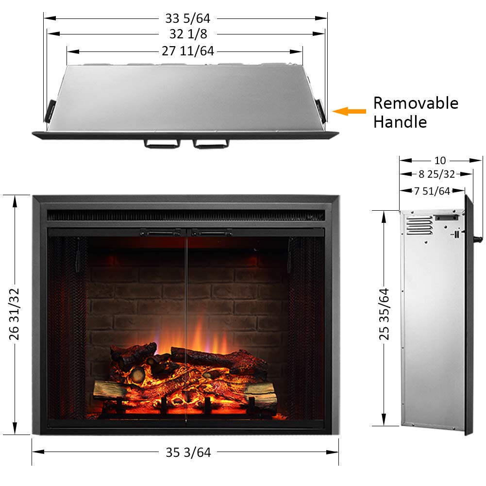 PuraFlame Klaus Electric Fireplace Insert with Fire Crackling Sound, Glass Door and Mesh Screen, 750/1500W, Black, 33 1/16 Inches Wide, 25 9/16 Inches High