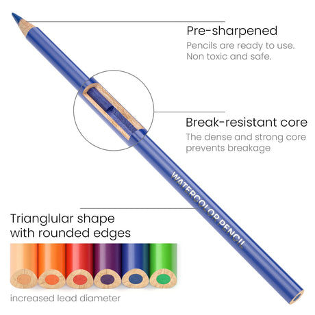 ARTEZA Watercolor Colored Pencils For Adult Coloring, Set of 48 Presharpened, Triangular-Shaped Drawing Pencils for Teens, Art Supplies for Sketching and Painting ARTEZA