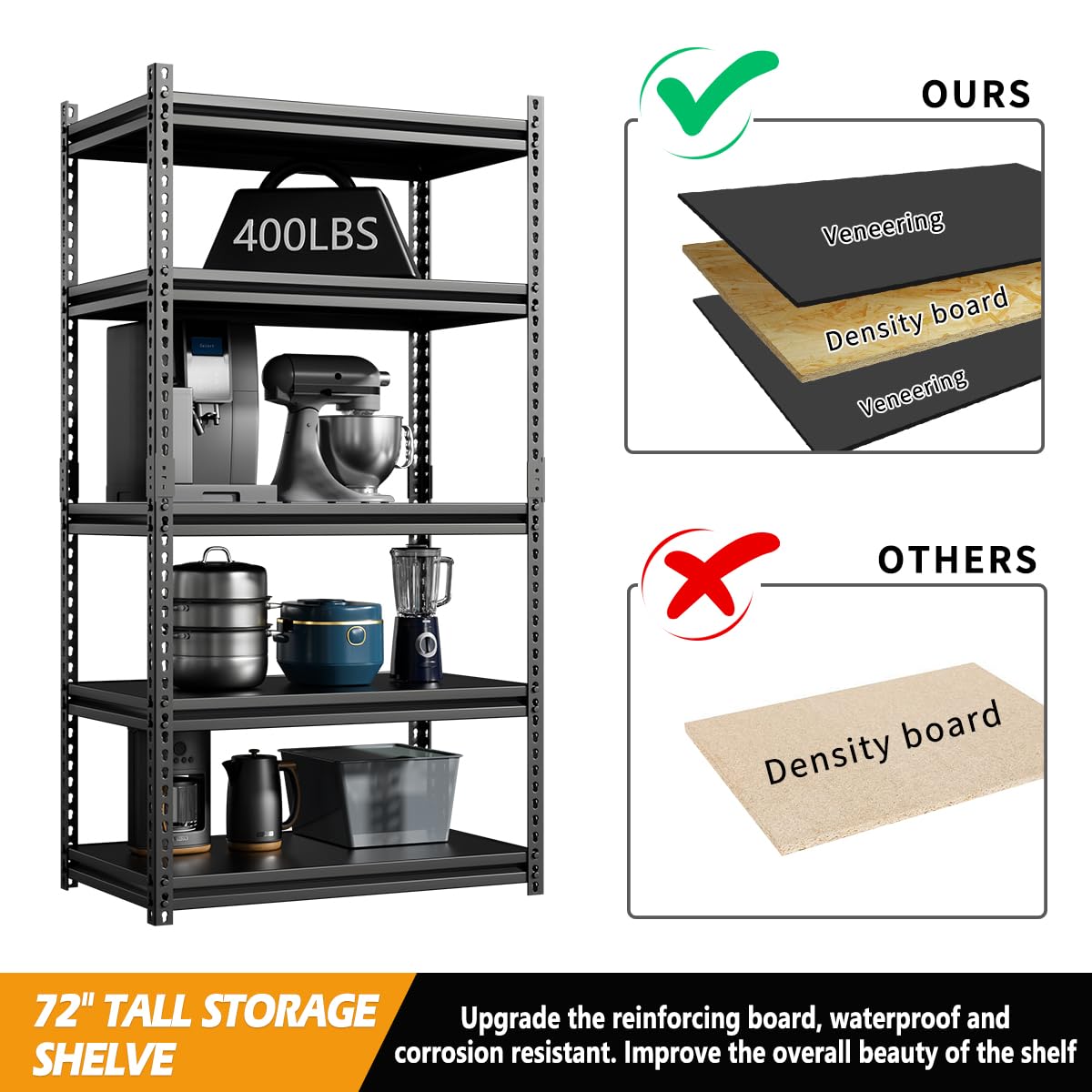 Bronkige 72" Garage Storage Shelves Adjustable 5-Tier Heavy Duty Shelving, Utility Storage Rack Metal Shelving Units for Warehouse Basement Shelf Rack, 36" W x 16.2" D x 72" H - WoodArtSupply