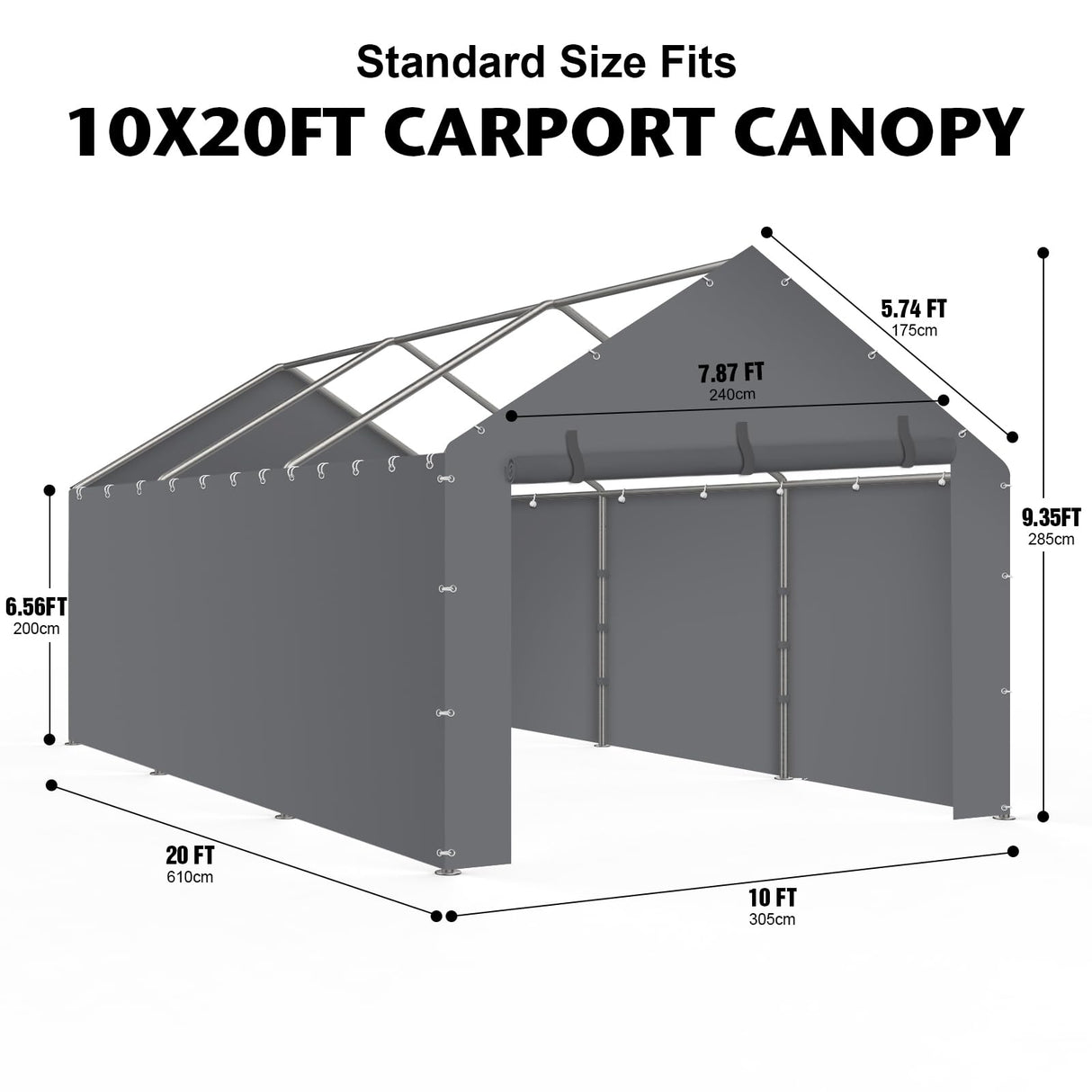 Carport Replacement Canopy Cover Sidewalls for 10x20x9.35FT Frame, Heavy Duty Garage Car Tent Shelter Tarp with Ball Bungees, Waterproof & UV Protected (Frame is not Included) (Grey) Yustuf