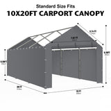 Carport Replacement Canopy Cover Sidewalls for 10x20x9.35FT Frame, Heavy Duty Garage Car Tent Shelter Tarp with Ball Bungees, Waterproof & UV Protected (Frame is not Included) (Grey) Yustuf