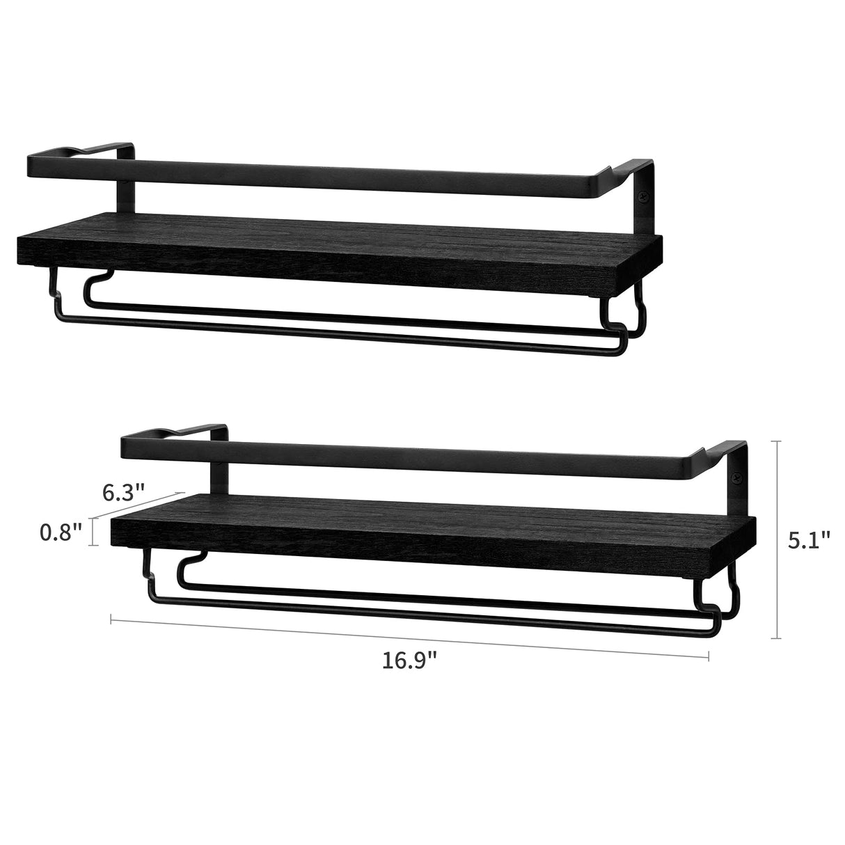 Mkono Wall Mounted Wine Rack Set of 2 Wood Shelf Rustic Wine Bottle Glass Floating Shelves with Stemware Hanger Modern Plants Photos Wine Display Storage Holder for Kitchen Dining Room Bar, Black Mkono