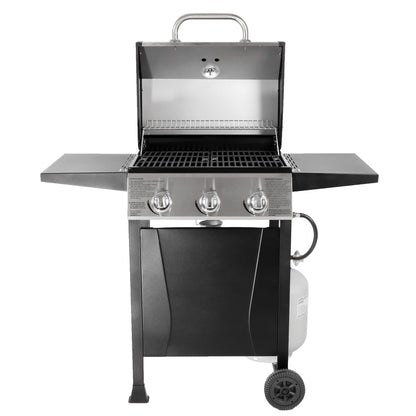 Grill Boss Propane 3 Burner Gas Grill, Portable BBQ w/Lid, Wheels & Side Shelves, Black