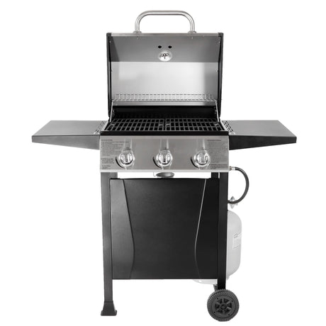 Grill Boss Propane 3 Burner Gas Grill, Portable BBQ w/Lid, Wheels & Side Shelves, Black GRILLBOSS