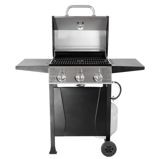 Grill Boss Propane 3 Burner Gas Grill, Portable BBQ w/Lid, Wheels & Side Shelves, Black