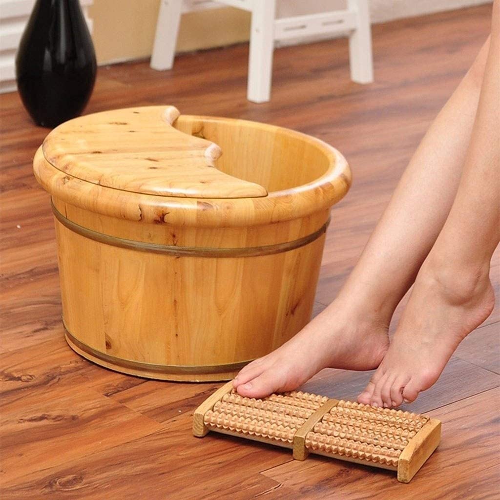 QUANMAKJ Wooden Foot Basin,Solid Wood Foot Tub, Pedicure Bowl Spa Massage Cedar Pedicure Barrels Household Foot Bath Barrel，with lid with Massager… - WoodArtSupply