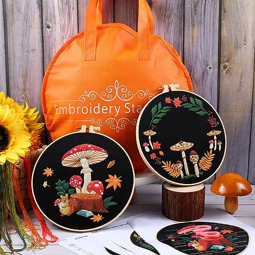 Crowye 5 Sets Mushroom Embroidery Kit Cross Stitch Kits for Beginners Cross Stitching Set for Adult DIY Stamped Starter Needlepoint with Thread Needle for Craft Lover