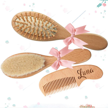 3Pcs Custom Wooden Baby Hair Brush Set Personalized Newborn Baby Gift -Custom Name Baby Bathing Comb Bristles (Wood) - WoodArtSupply