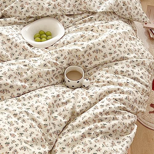 Aesthetic Floral Duvet Cover King Cozy Cotton Bedding Set King Shabby Chic Green Botanical French Style Duvet Cover Set Off White Comforter Cover with Fresh Flower Pattern, Breathable, Lightweight MOTNTD