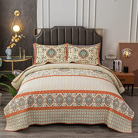 BEITE FIBER Bohemian Twin Size Comforter Quilt Sets -2 Pieces Red Quilts 100% Cotton(1Quilt,1 Pillow Shams) with Reversible Bedspreads Bohemian Patchwork Bedding Set Sleep Companion BEITE FIBER