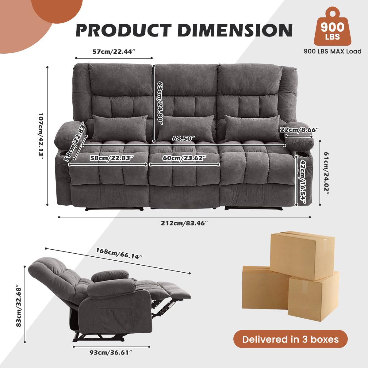 Recliner Sofa with Cup Holders for Living Room 3 Seat Manual Oversized Recliner Chiar with Ergonomic, Side Pocket for Adult MAHOMICO