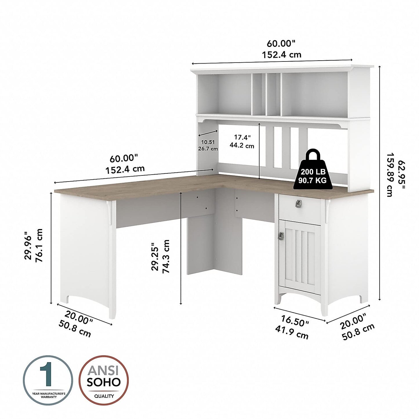 Bush Furniture Salinas L Shaped Desk with Hutch | Corner Table with Drawers and Storage for Home Office, 60W, Pure White and Shiplap Gray - WoodArtSupply