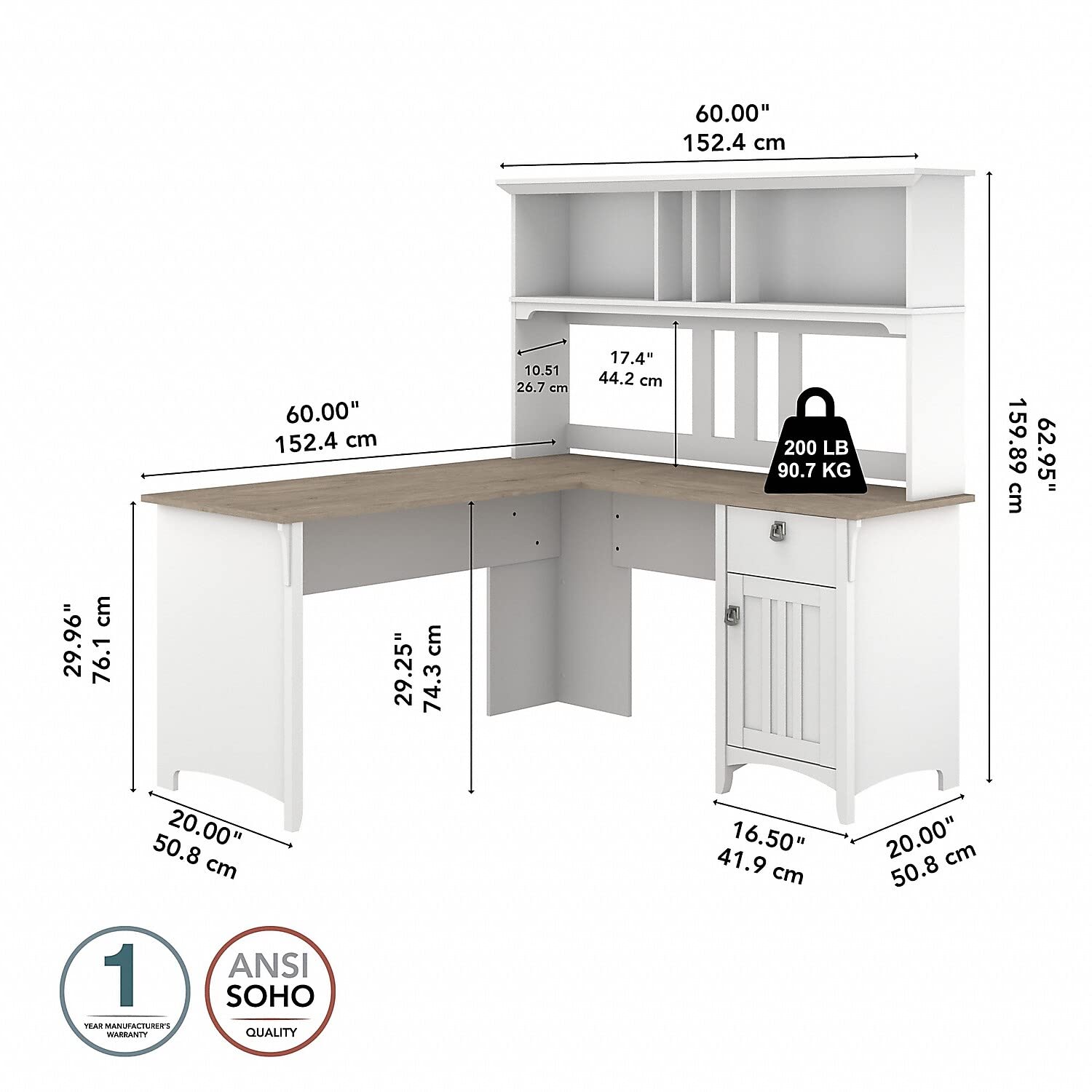 Bush Furniture Salinas L Shaped Desk with Hutch | Corner Table with Drawers and Storage for Home Office, 60W, Pure White and Shiplap Gray - WoodArtSupply