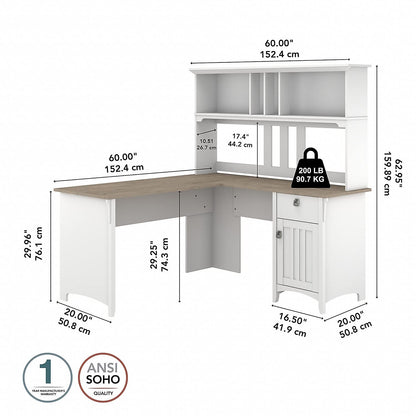 Bush Furniture Salinas L Shaped Desk with Hutch | Corner Table with Drawers and Storage for Home Office, 60W, Pure White and Shiplap Gray - WoodArtSupply