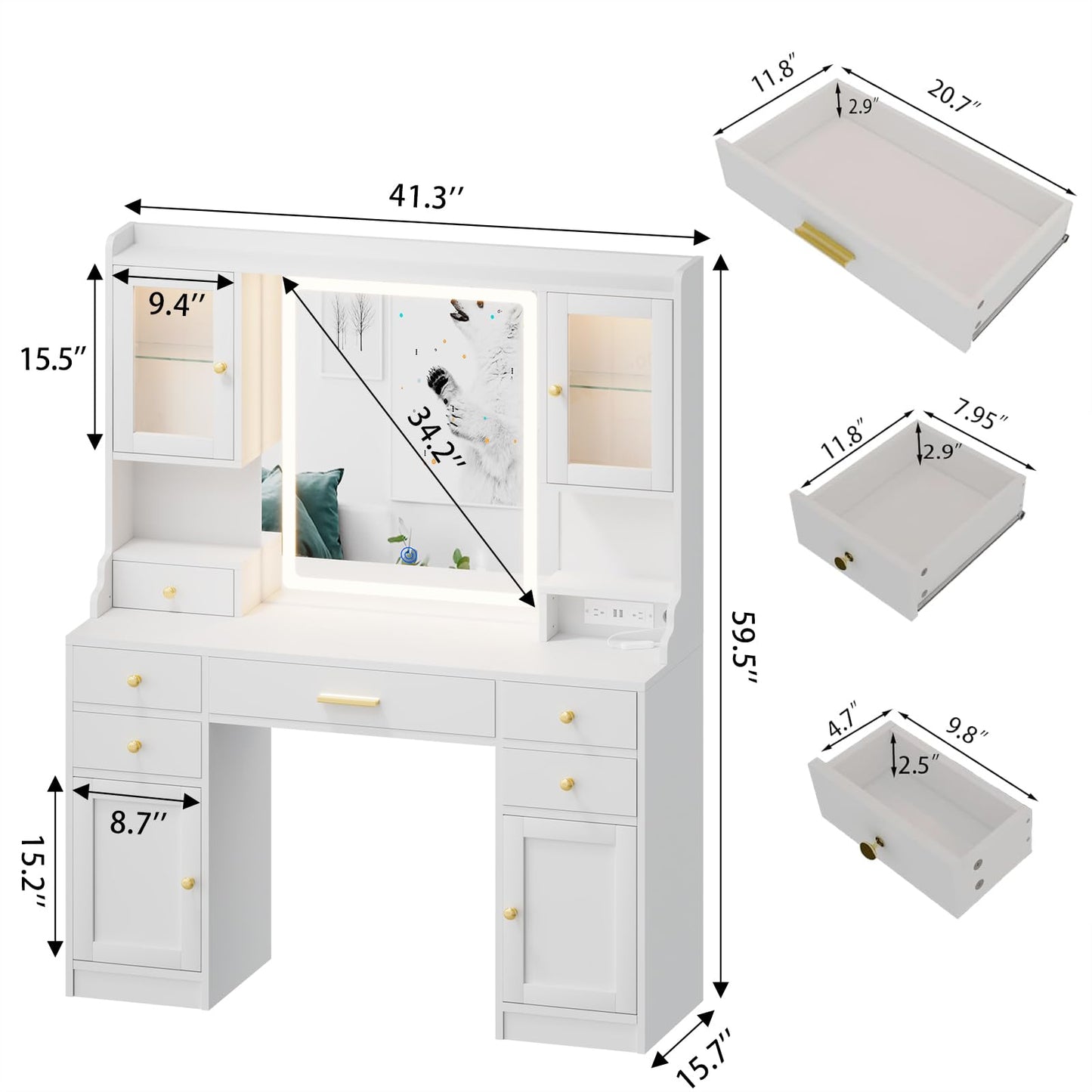 White Large Vanity Desk with Mirror,Lights and Charging Station,Make up Vanity Mirror with 3 Lights Mode and Brightness Adjusted by Touch Button and 6 Drawers,4 cabinets,2 cabinets with RGB L - WoodArtSupply