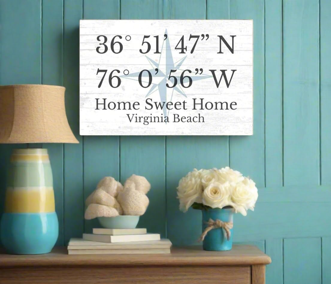 GPS Sign Personalized Location Custom Coordinates Beach House or Lake Home Address Latitude Longitude Wall Art Decor - Solid Wood - 16.5" x 10.5" (Compass GPS Sign) Broad Bay