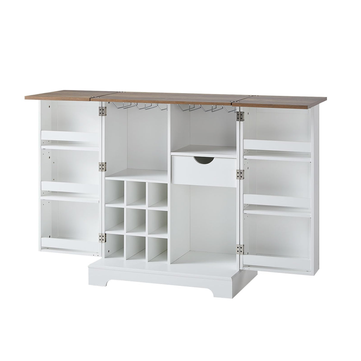 LUXOAK Farmhouse Expandable Wine Bar Cabinet, 61" Home Bar Unit with Foldable Tabletop & Barn Door, Coffee Bar Cabinet with Wine & Glass Holder, Liquor Cabinet/Mini Bar/Buffet Cabinet, White LUXOAK