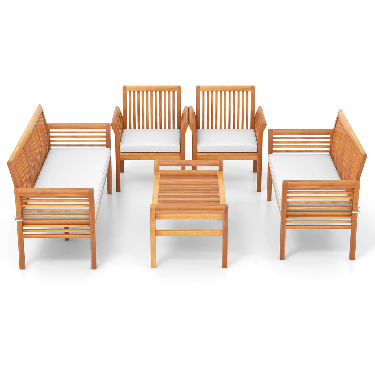 Tangkula 5 Piece Patio Furniture Set, Acacia Wood Conversation Set with 3-Seat Bench, Loveseat, 2 Armchairs & Coffee Table, Cushioned Outdoor Chair Set for Porch, Balcony (Off White) Tangkula