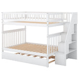Janusline Wooden Full Size Bunk Bed with Trundle and Storage Staircase, Convertible to 3 Platform Bed, Space-Saving Bed Frame with Full-Length Safe Guardrail, No Box Spring Needed, White Janusline