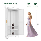 Metal Wardrobe Closet with Doors and Shelves, 71" Farmhouse Bedroom Armoire with Hanger Rod and Clothing Shelf, White Steel Wardrobe Cabinet Storage Clothes Closet Bevivog