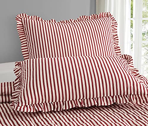 CHIXIN Ticking Stripe Ruffle Skirt Bedspread Queen Size - 30" Long Drop, Shabby Chic Style, Lightweight Bedding Cover, 3 Piece Set, Burgundy Red CHIXIN
