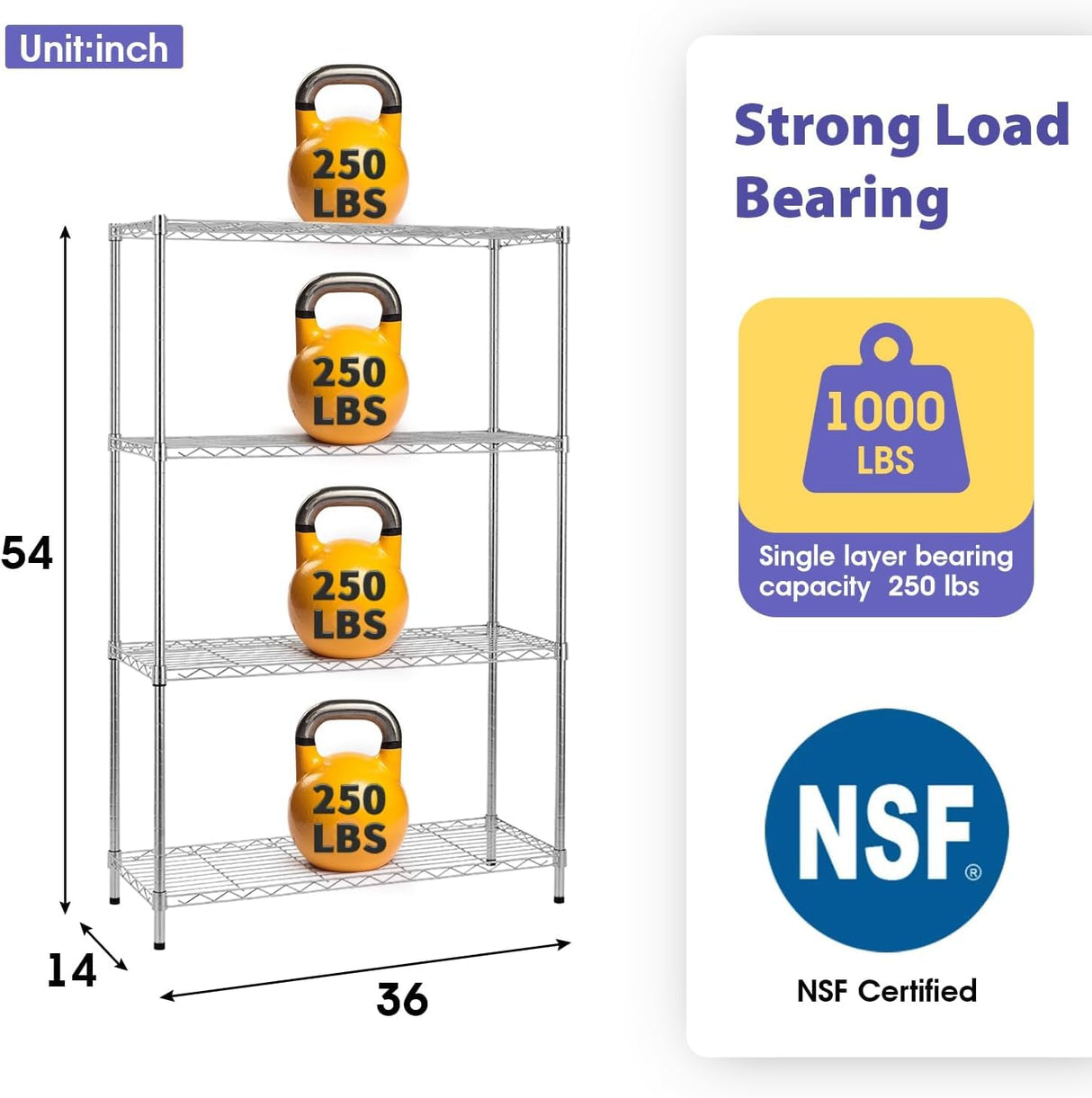 YRLLENSDAN Heavy Duty 4-Tier Wire Shelving Unit – NSF Certified Adjustable Metal Storage Rack for Kitchen, Garage, Pantry – 1000 lbs Capacity – 36" W x 14" D x 54" H YRLLENSDAN