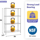 YRLLENSDAN Heavy Duty 4-Tier Wire Shelving Unit – NSF Certified Adjustable Metal Storage Rack for Kitchen, Garage, Pantry – 1000 lbs Capacity – 36" W x 14" D x 54" H YRLLENSDAN