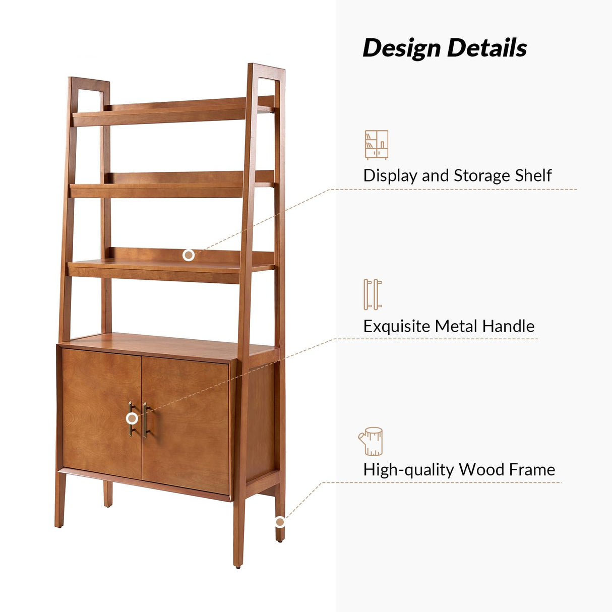 HULALA HOME Wood Ladder Shelf Bookcase with Doors & 3 Open Shelves, 34" W Mid-Century Modern Bookcase with Metal Pulls, Storage Rack with Solid Wood Legs for Bedroom & Living Room, Acorn HULALA HOME