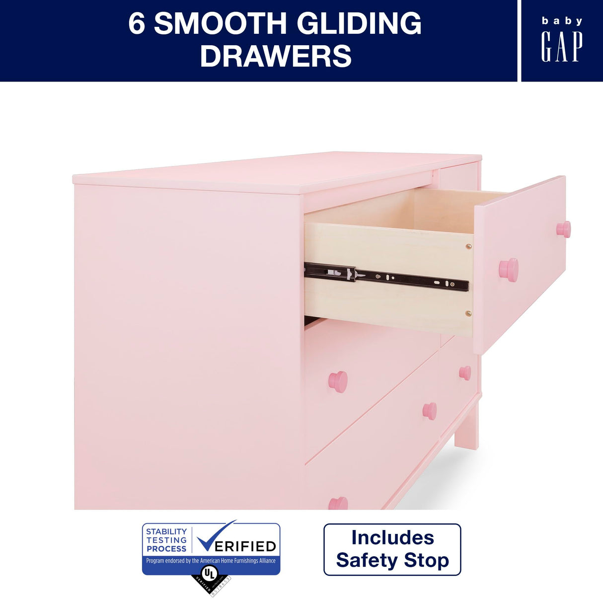 GAP babyGap Legacy 6 Drawer Dresser with Interlocking Drawers - Greenguard Gold Certified, Blush Pink/Dark Pink Delta Children