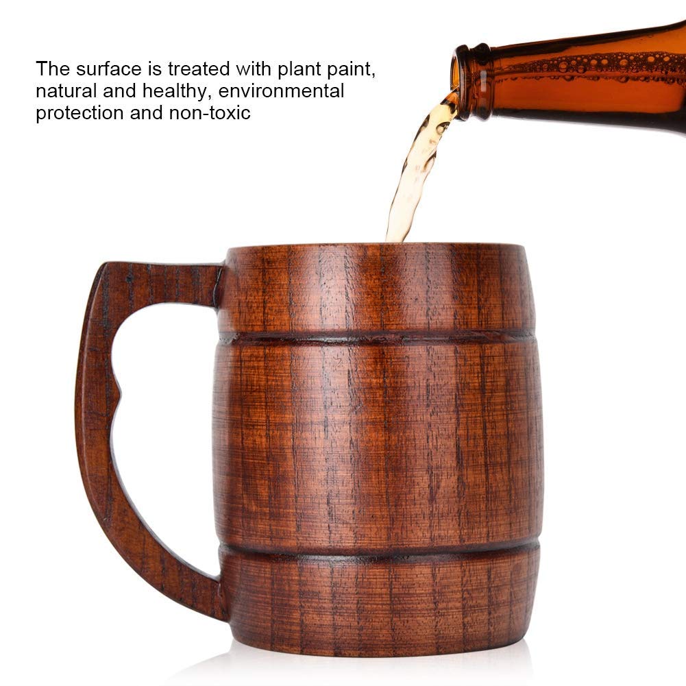 Wooden Beer Mug, Handmade Beer Mug 12oz (400 ml) Natural Solid Wood Drinking Cup Tea Cup for Beer, Coffee, Hot Drinks, Milk, Wine Wooden Tankard Gift Barrel HERCHR