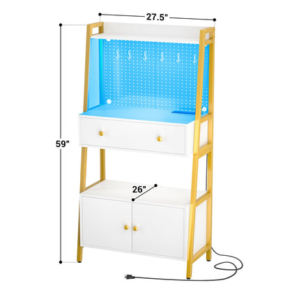 Cyclysio Small Workbench with Pegboard, Garage Table with LED Light & Power Outlets, Work Bench with Drawer, Workstation with Storage Cabinet and 6 Hooks, White - WoodArtSupply