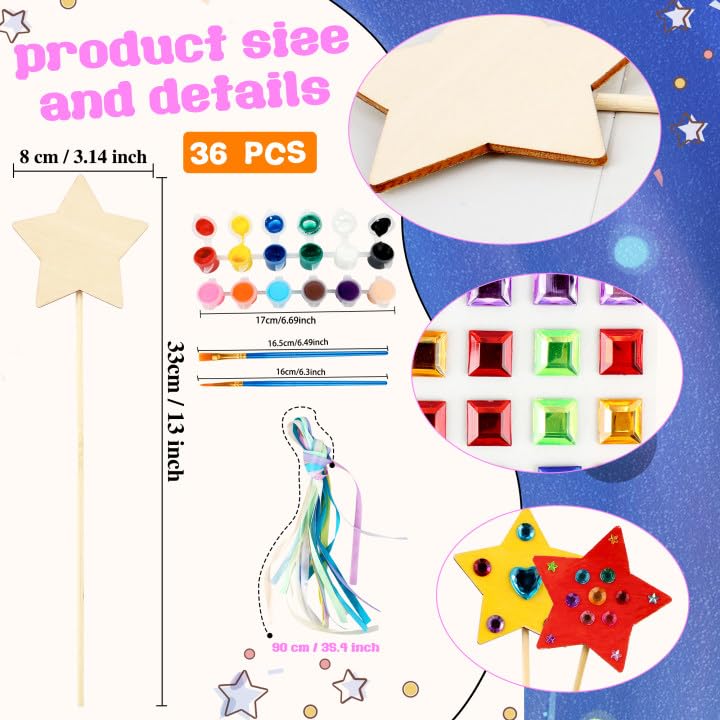 92 Pcs Unfinished Star Princess Fairy Wands Kit Make Your Own Princess Wand DIY Art Craft Magical Wand Include 36 Star Wooden Fairy Wands 18 Gem Stickers 36 Ribbons 2 Markers for Kids Party Supplies Feradny