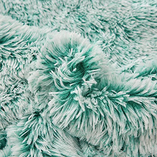 Flysheep Luxury Faux Fur Shaggy Fluffy Comforter Set Twin Size Mixed Aqua and White Long Hair, 3 Pieces Plush Flannel Sherpa Backing Reversible Soft Microfiber Bedding Set Super Warm for Winter Flysheep