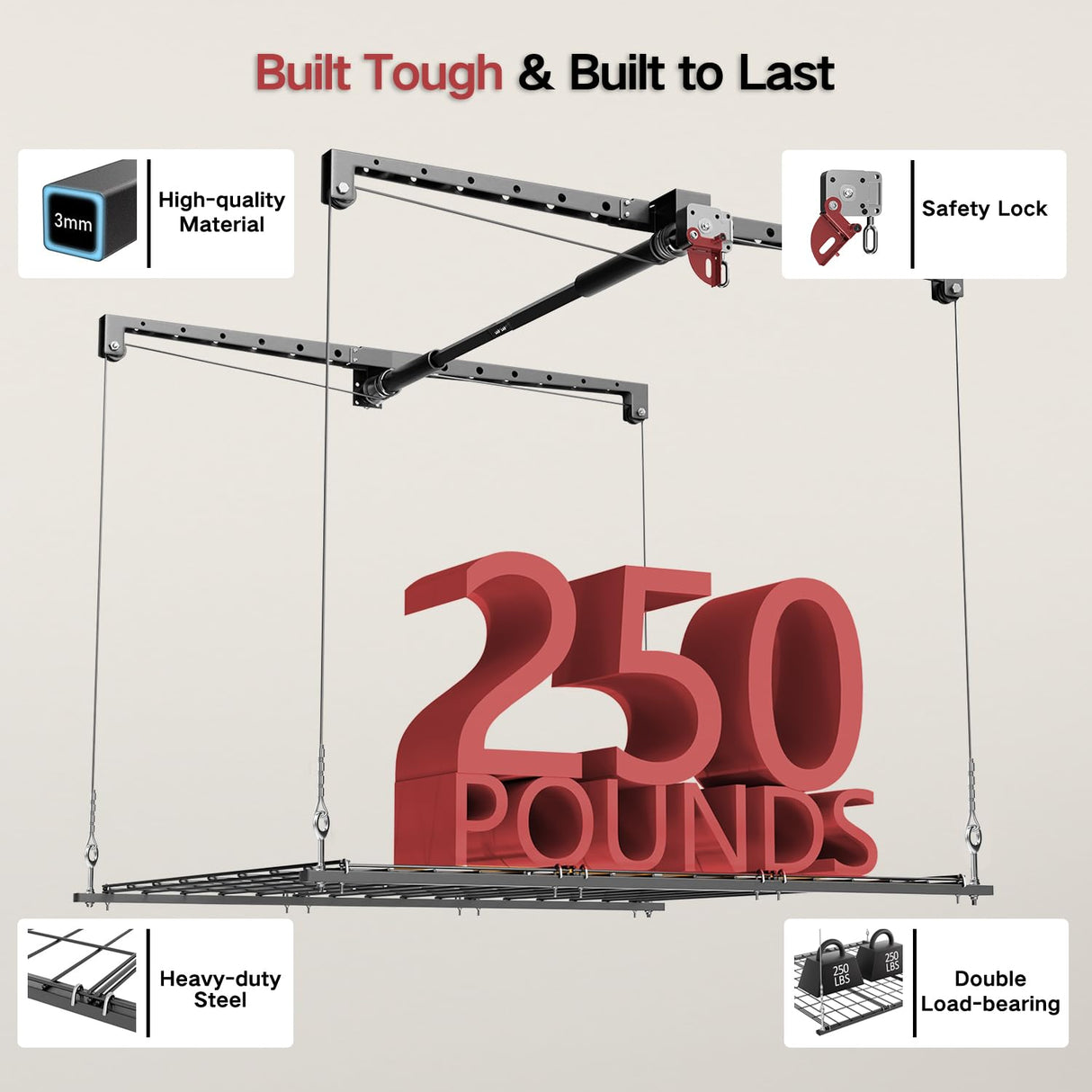 Overhead Garage Storage Rack, Heavy-duty 4x4 FT Ceiling Storage Racks with Safety Lock, Ideal for Garage Storage Mounted Lift System and Storage Organizer, 250lbs Capacity KOKORACKER