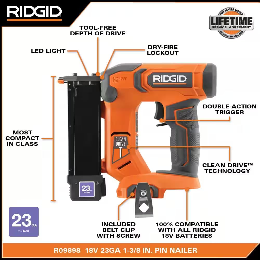 RIDGID 18V Cordless 23-Gauge 1-3/8 in. Headless Pin Nailer (Tool Only) R09898B - WoodArtSupply