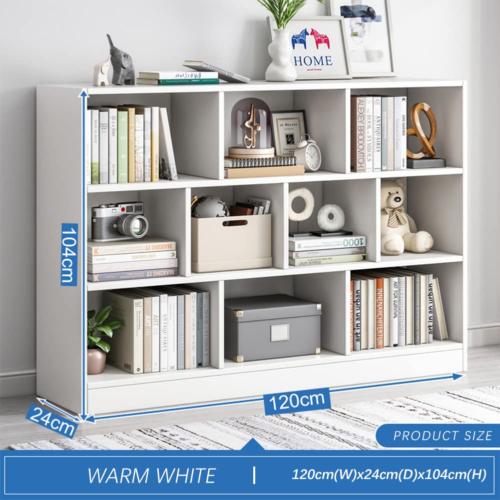 IOTXY Open Shelf Low Bookcase - Wooden 3-Tier Floor Standing Display Cabinet Organizer with Base, 10 Cubes Short Horizontal Bookshelf in Warm White IOTXY