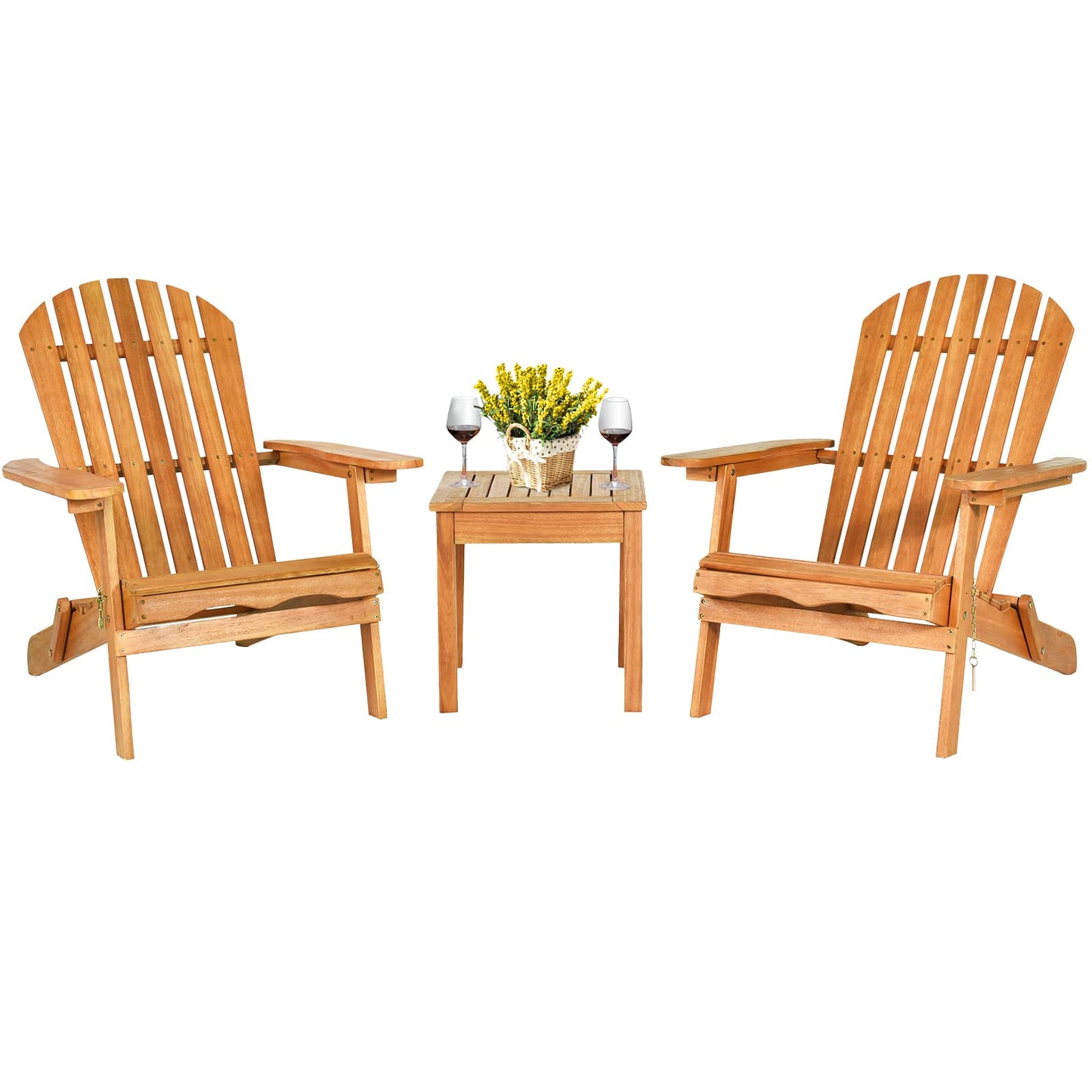 Tangkula 3 Pieces Adirondack Chair Set, Outdoor Wood Furniture Set with 2 Folding Lounge Chairs & Side Table, Widened Armrest, Slatted Design, All Weather Conversation Set for Garden Patio Ba - WoodArtSupply