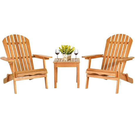 Tangkula 3 Pieces Adirondack Chair Set, Outdoor Wood Furniture Set with 2 Folding Lounge Chairs & Side Table, Widened Armrest, Slatted Design, All Weather Conversation Set for Garden Patio Backyard Tangkula