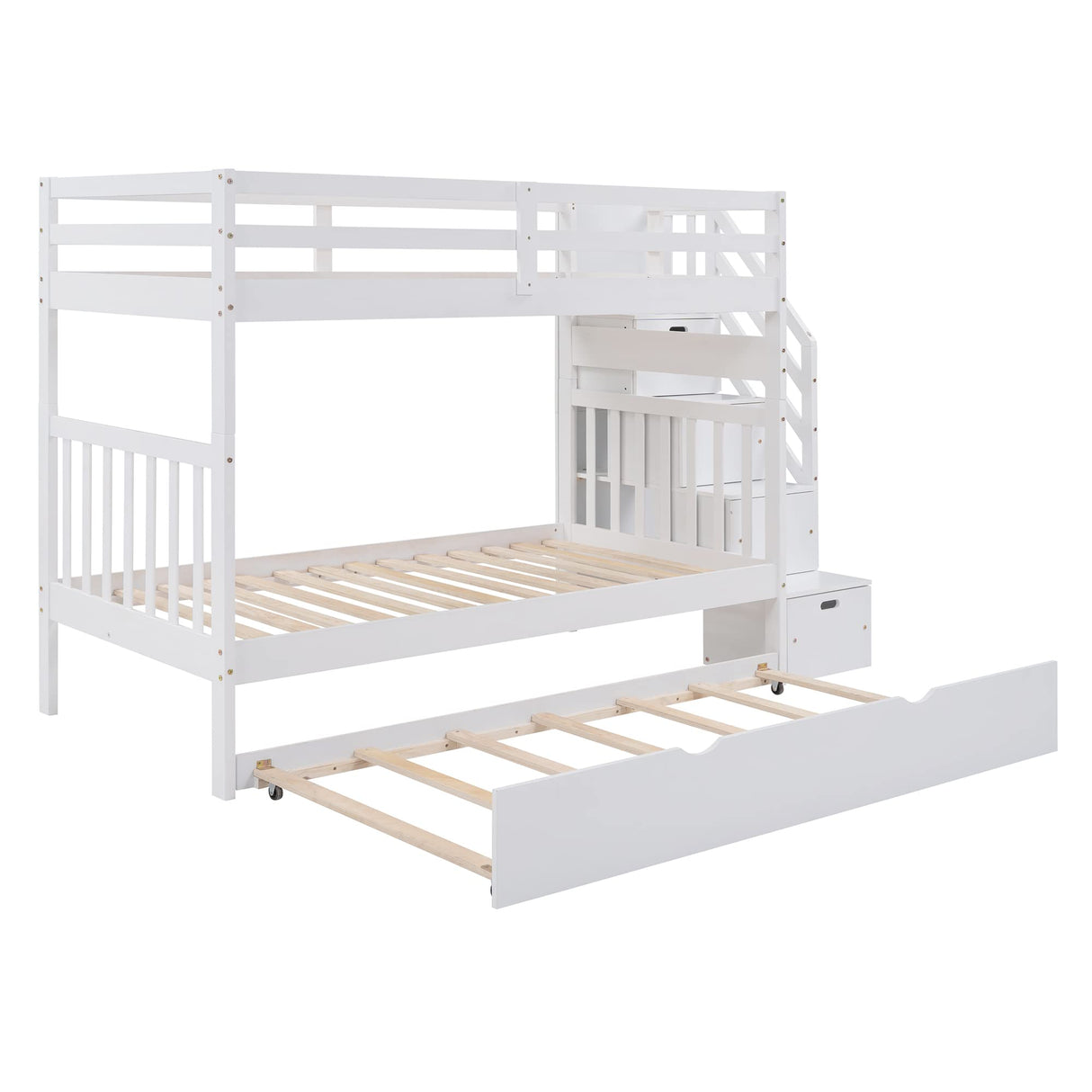 Twin over Full Bunk Bed with Trundle, Wood Bunk Bed with Storage Cabinet and Drawers, Convertible Bunk Beds Twin over Full Size Split into 3 Beds for Kids, Teens, Adults, Noise-reduced, White Harper & Bright Designs
