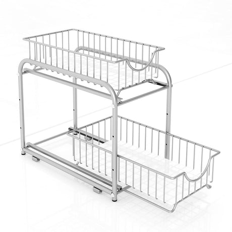 AIYAKA under sink storage 2 Tier Stackable Sliding Basket Organizer Drawer For Kitchen And Bathroom/Cabinet Drawers,silver AIYAKA